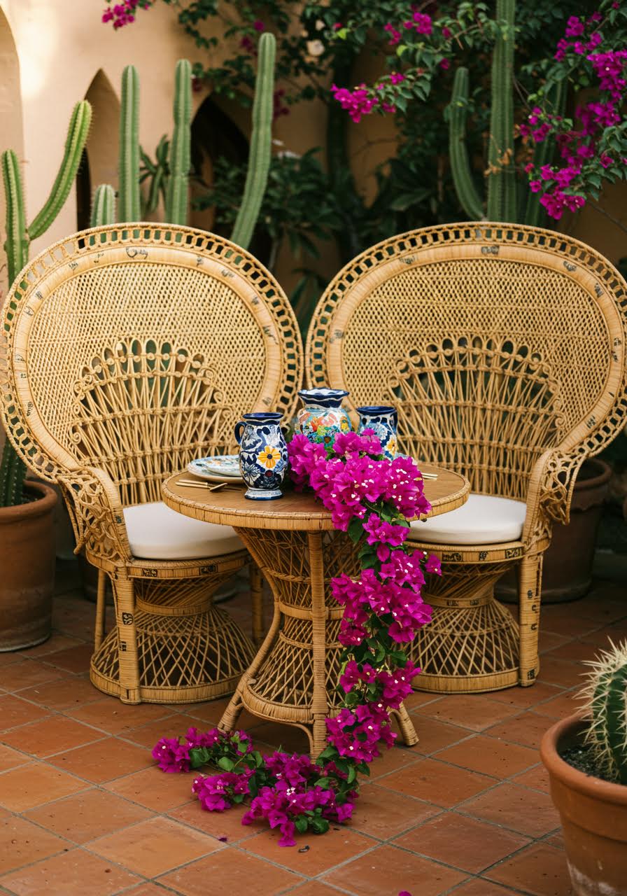 Ornate woven peacock chairs with elaborate fan backs at sweetheart table with Talavera ceramics and bougainvillea on terracotta patio