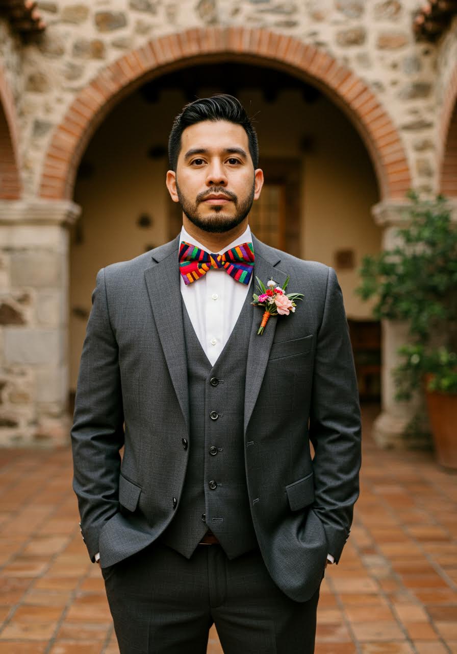 Dapper groom in charcoal three-piece suit wearing vibrant Otomi embroidered bow tie in golden hour hacienda courtyard