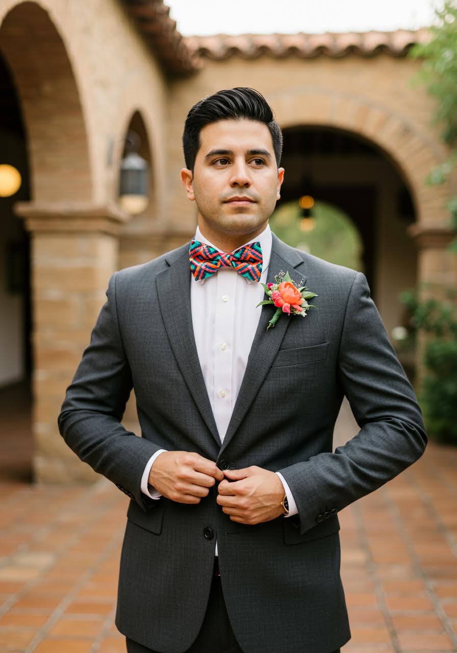 Groom adjusting charcoal grey suit jacket with vibrant hand-woven Otomi bow tie featuring traditional Mexican patterns