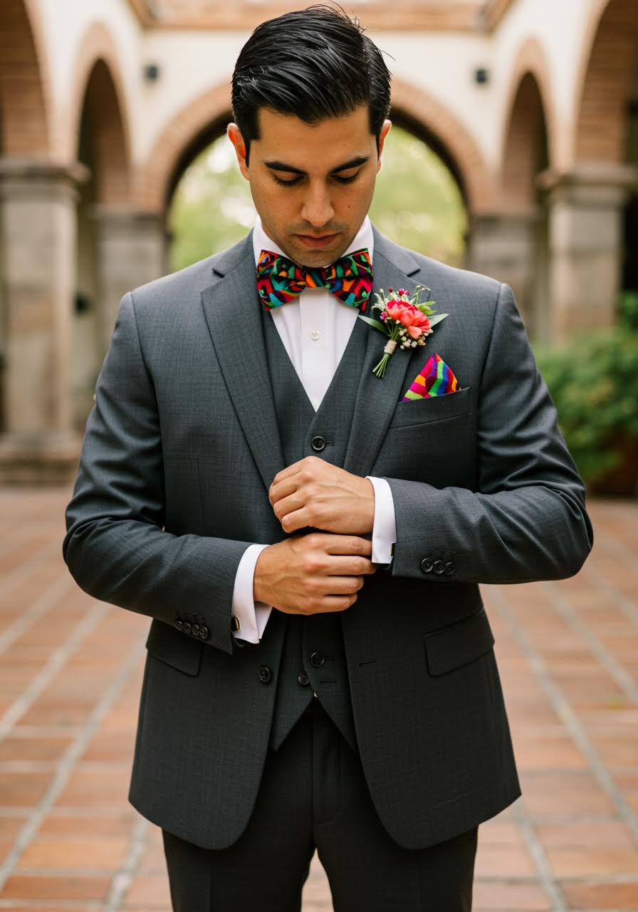 Handsome groom adjusting charcoal suit jacket whilst wearing colourful hand-woven Otomi bow tie in atmospheric hacienda setting