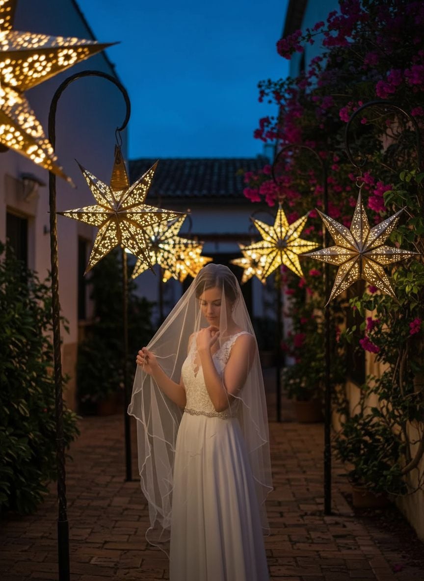 Romantic evening portrait of bride adjusting veil whilst surrounded by warm glowing star lanterns in cobblestone courtyard