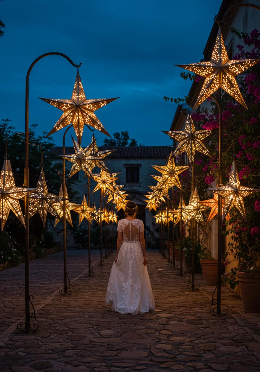 Bride in flowing white lace dress walking through courtyard pathway lined with illuminated tin star lanterns during blue hour