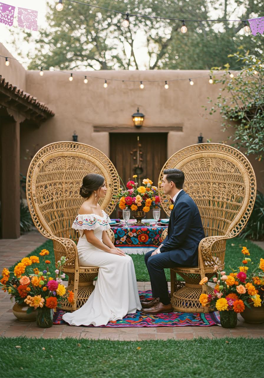 Bride and groom seated at intimate sweetheart table in ornate woven peacock chairs with high fan-shaped backs