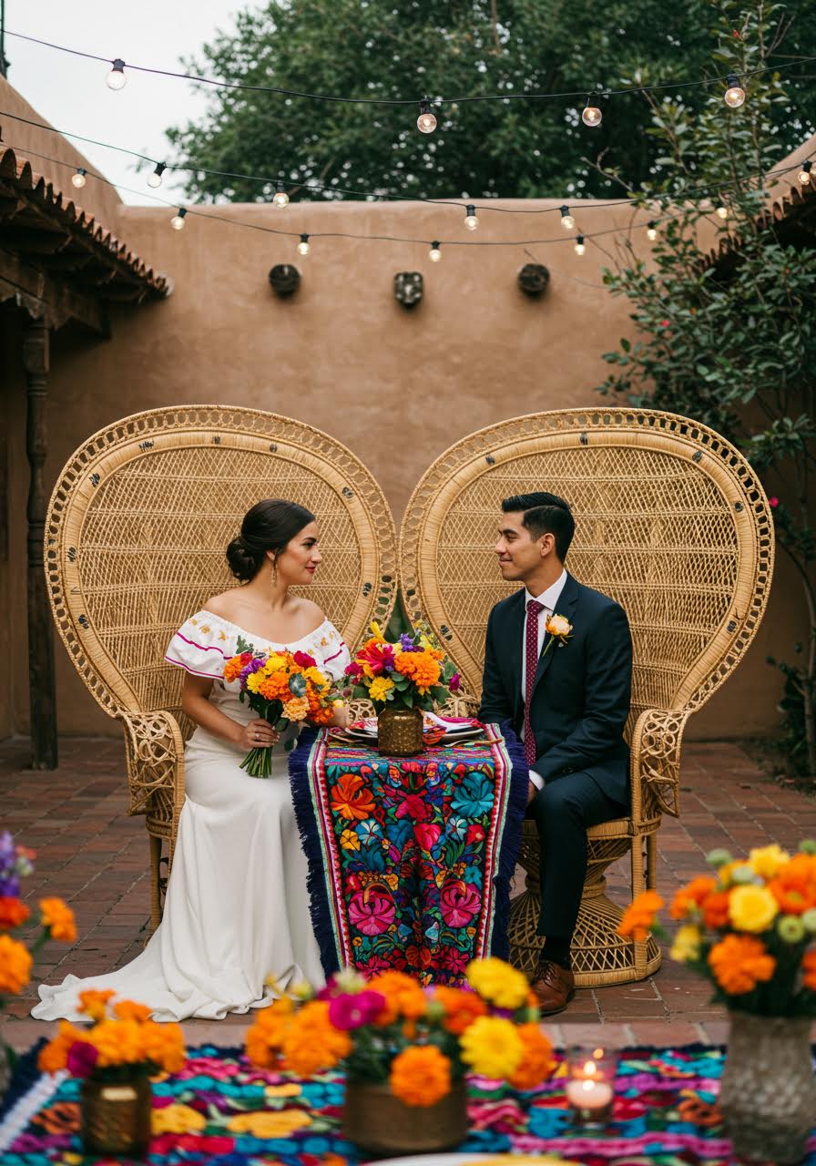 Close portrait of newlyweds in elaborate turquoise and natural wicker peacock chairs at romantic garden table