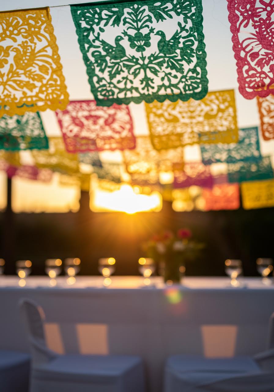 Intricate papel picado streamers fluttering in evening breeze above white reception tables during sunset with luminous glow