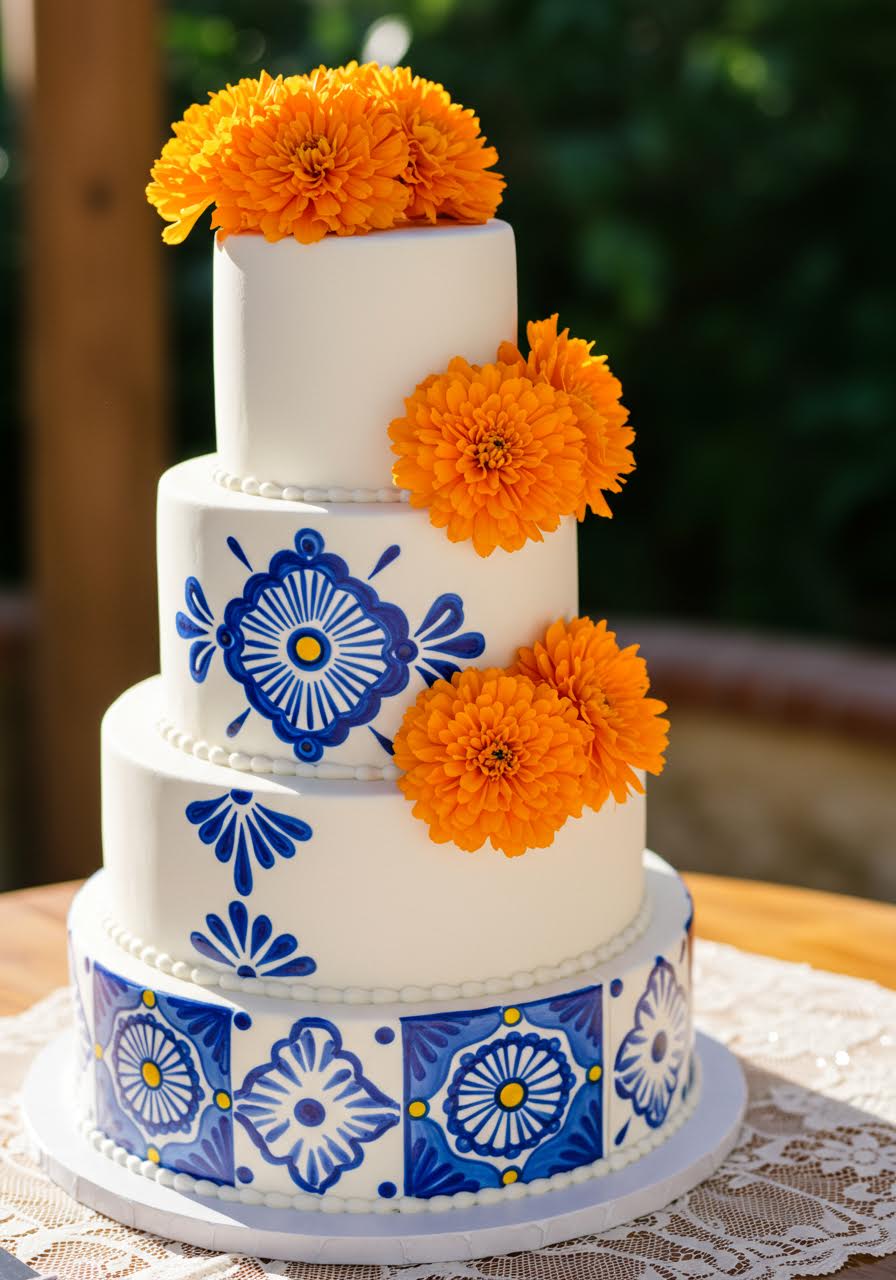 Close-up view of wedding cake tier featuring hand-painted blue and terracotta ceramic patterns with fresh marigold cascade