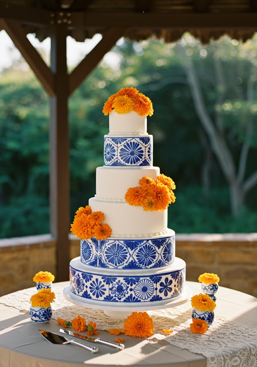 Multi-tiered white wedding cake with vibrant orange marigold flowers and hand-painted Talavera pottery details in garden pavilion