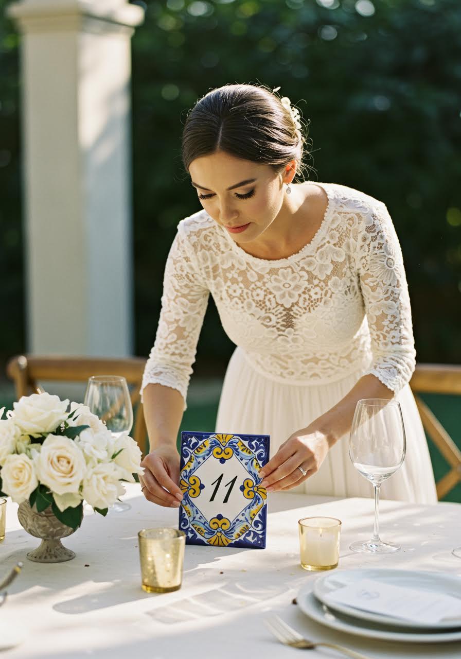 Close-up of bride's hands adjusting decorative Talavera ceramic table number on white linen reception table