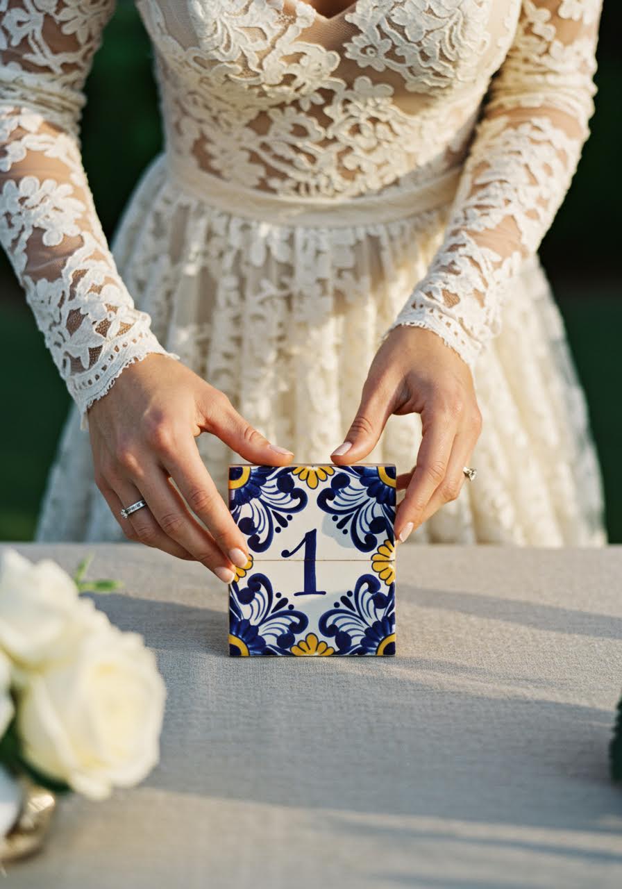 Bride in ivory lace dress gently touching ornate Talavera tile table number with intricate blue and yellow floral patterns