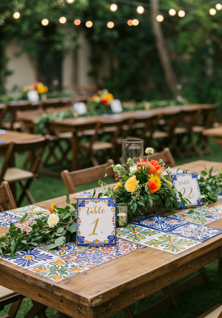 Hand-painted Talavera tiles with gold script table numbers on rustic wooden reception tables in garden courtyard