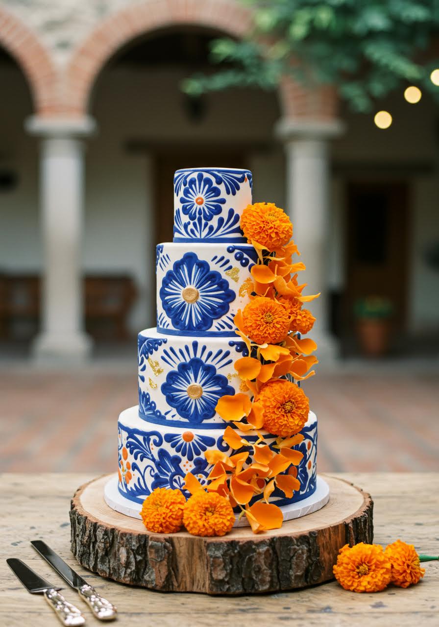 Wide view of elaborate Mexican wedding cake on rustic wooden stand in outdoor hacienda courtyard setting