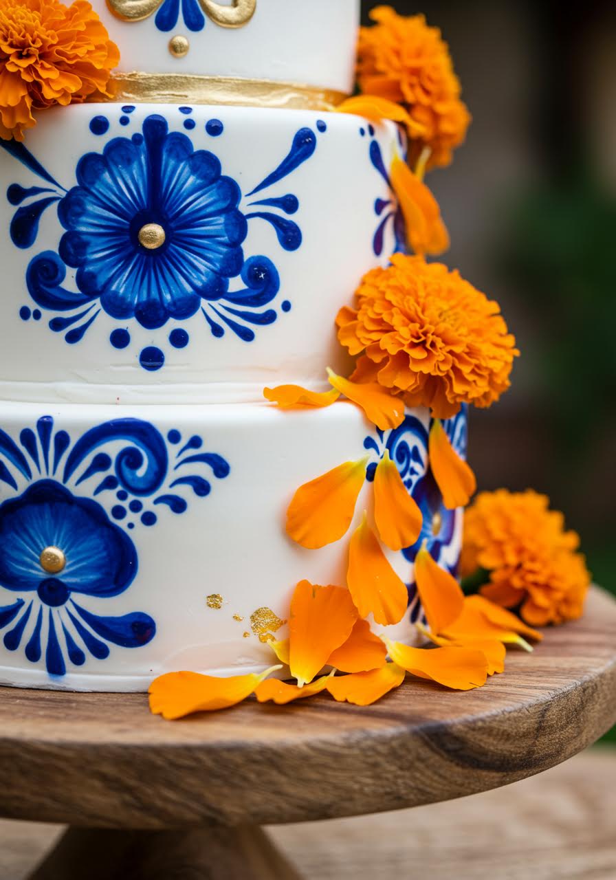 Macro detail of wedding cake with intricate hand-piped Talavera floral motifs in cobalt blue and terracotta with cascading marigolds