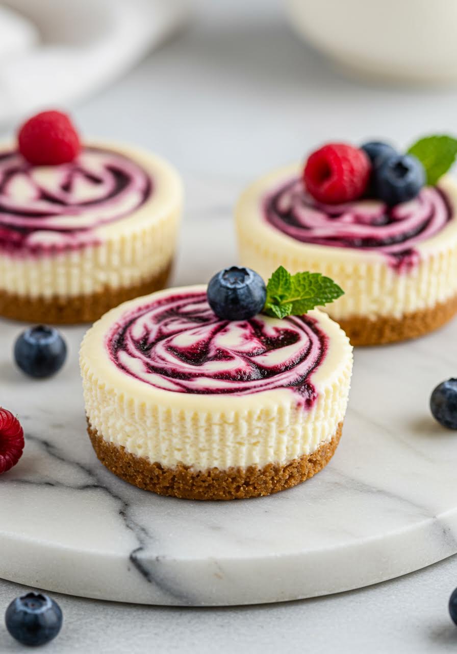 Three miniature cheesecakes with decorative berry swirl patterns