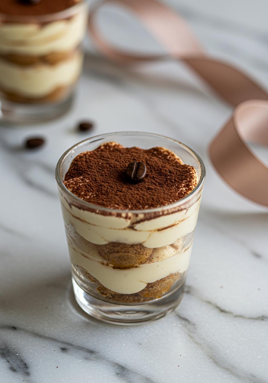 Individual tiramisu portions served in small glass votives on marble surface