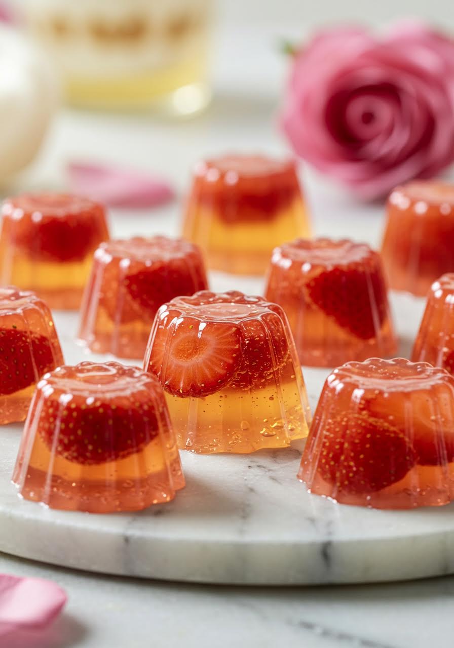 Elegant champagne and strawberry jellies on marble surface with sophisticated presentation