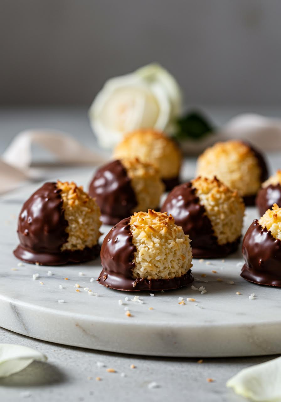 Chocolate-dipped coconut macaroons arranged on marble slab