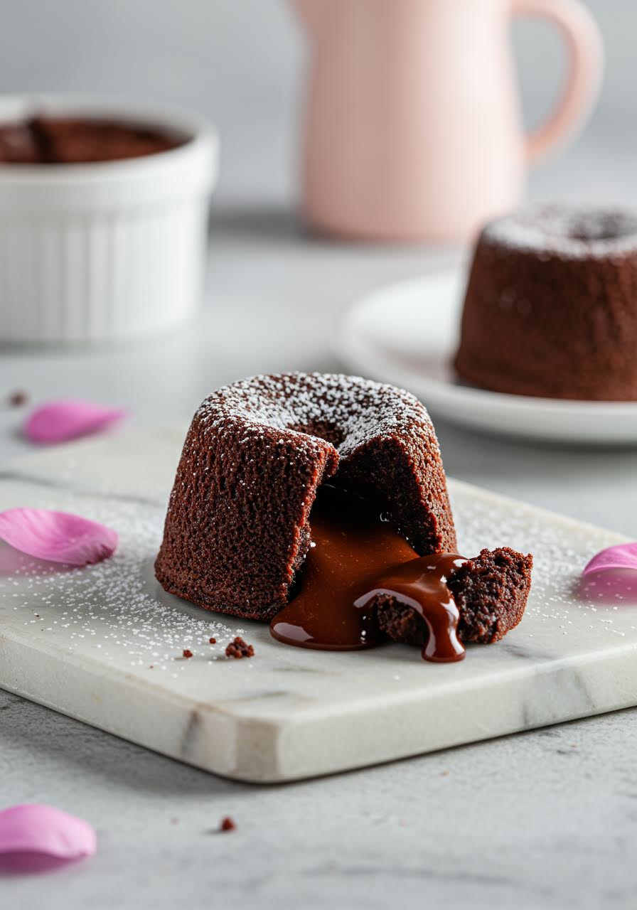 Miniature chocolate lava cake with molten centre in elegant kitchen setting