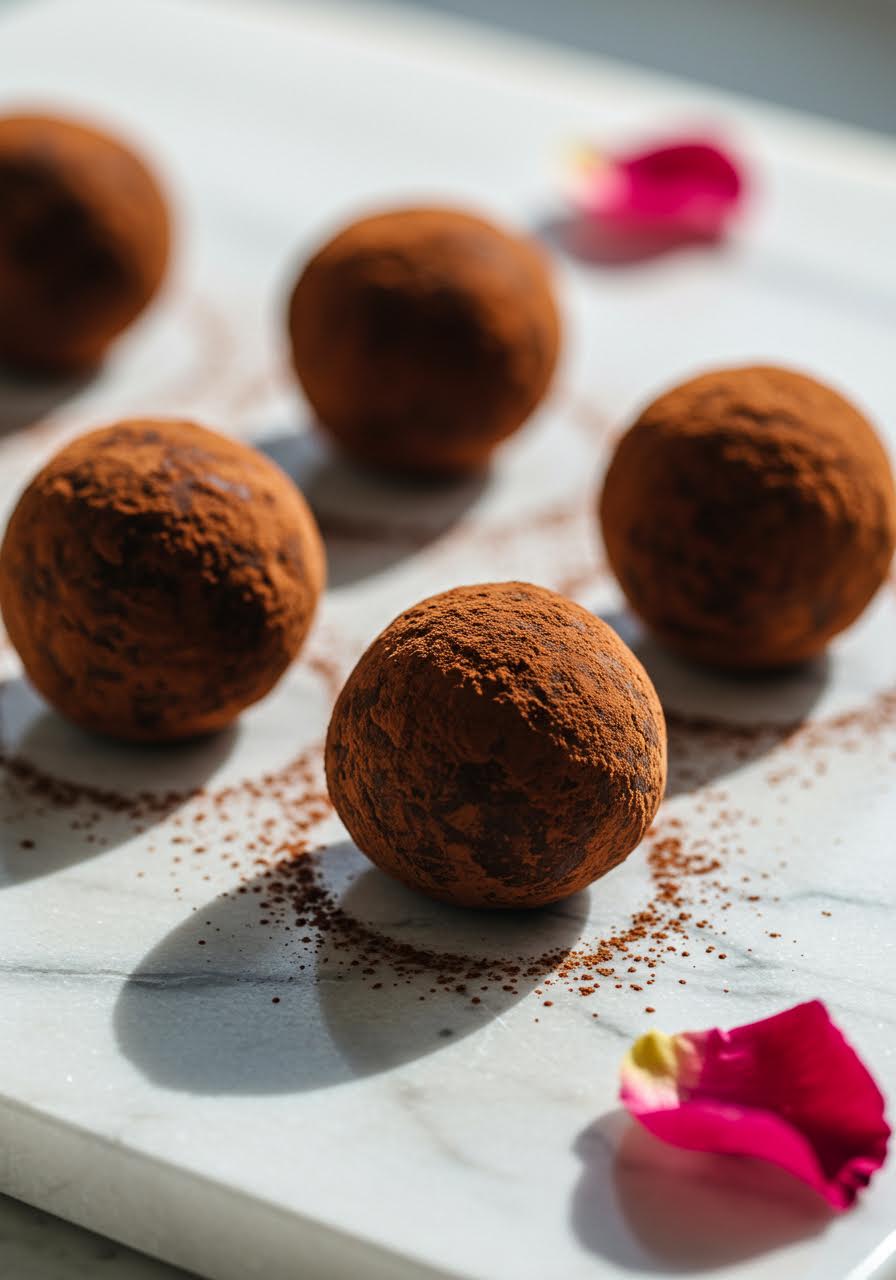 Collection of artisanal chocolate truffles with various coatings in macro detail