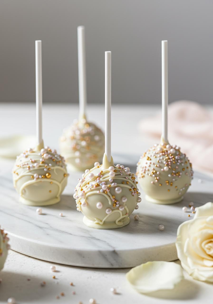 Sophisticated white cake pops decorated with pearl sprinkles on marble kitchen surface