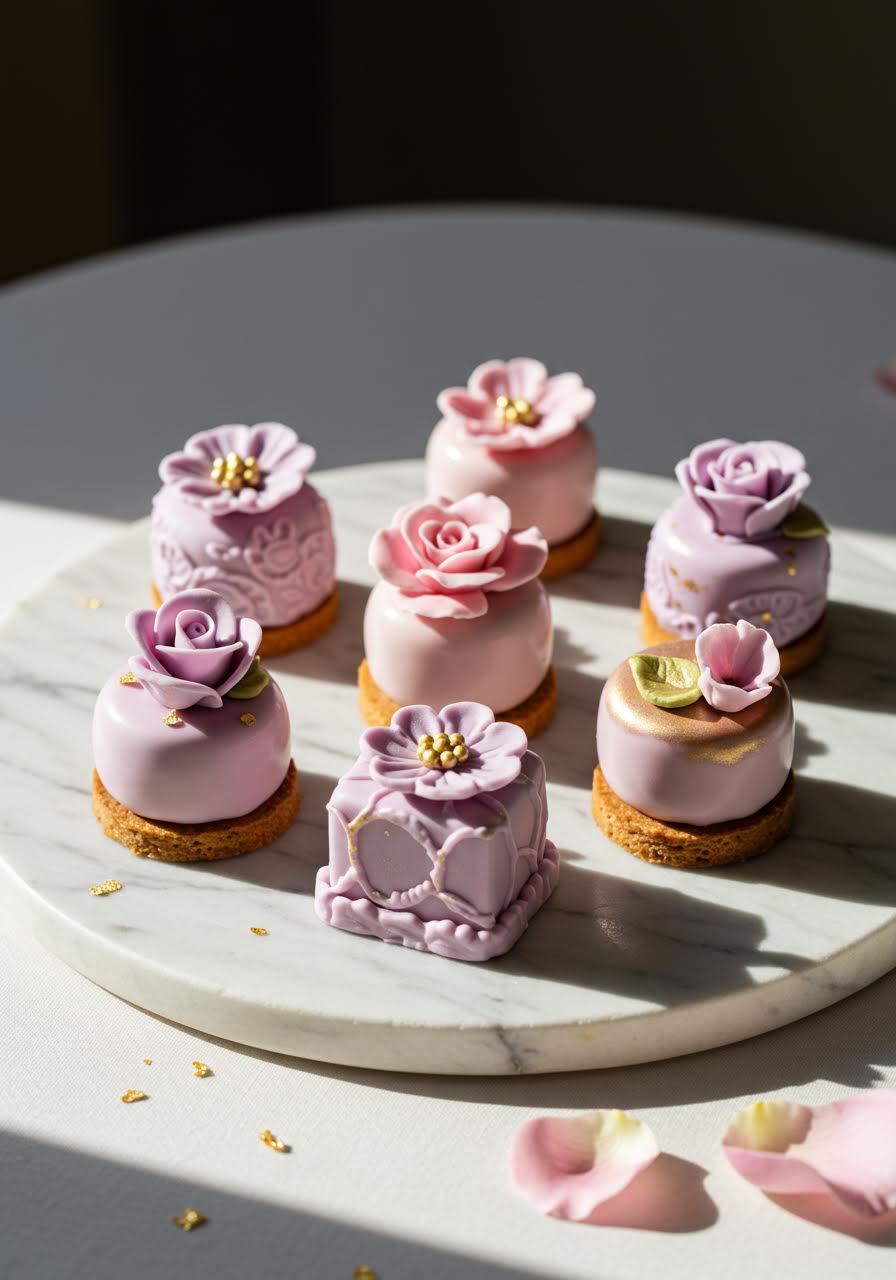 Elegant petit fours with delicate floral designs arranged on marble board