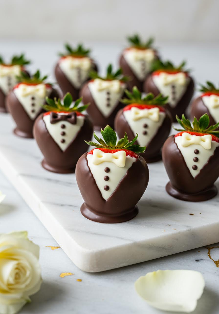 Chocolate-covered strawberries decorated in tuxedo design with white and dark chocolate
