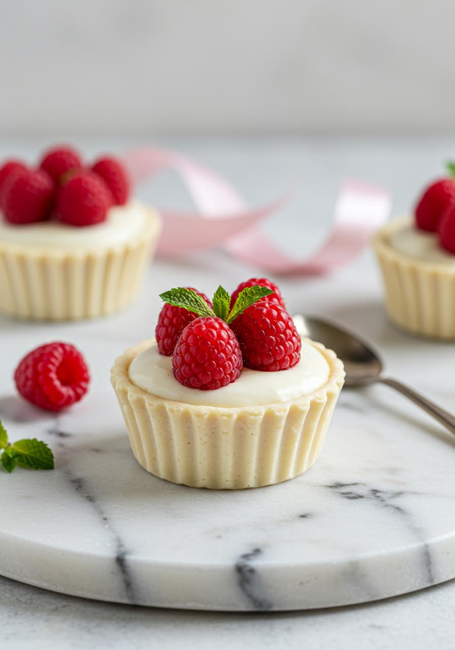 Elegant white chocolate mousse served in small cups with fresh raspberry garnish
