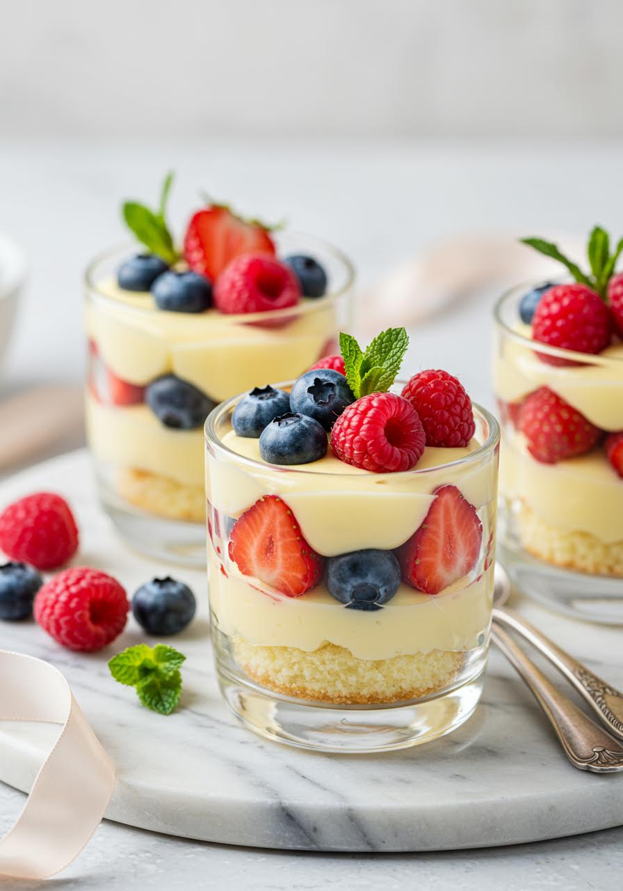 Exquisite individual berry trifles in glass vessels captured in macro detail