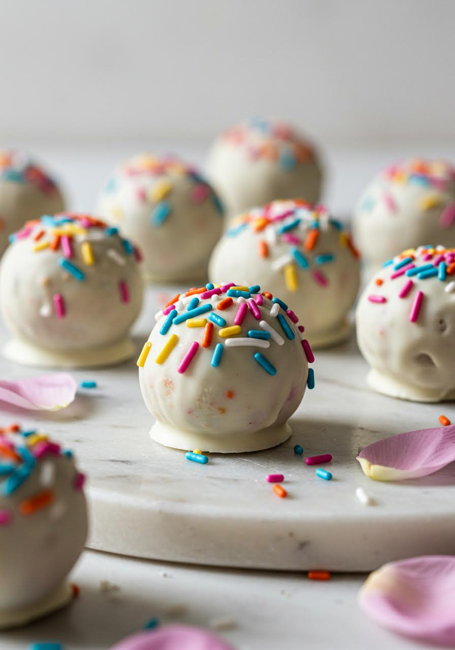 Funfetti cake truffles with colourful sprinkles on white marble slab
