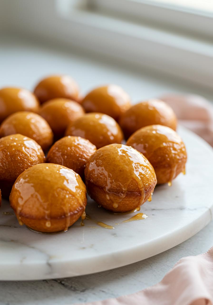 Glazed doughnut holes arranged on elegant marble platter