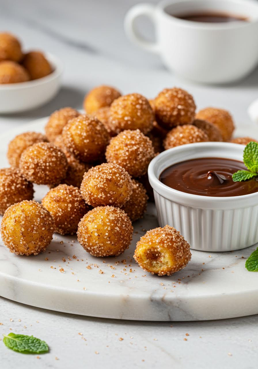 Golden churro bites with chocolate dipping sauce on marble board