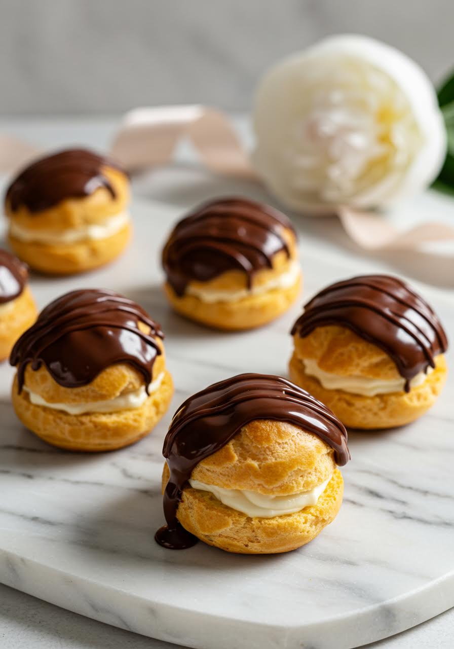 Golden profiteroles drizzled with chocolate ganache on white marble with peony flowers