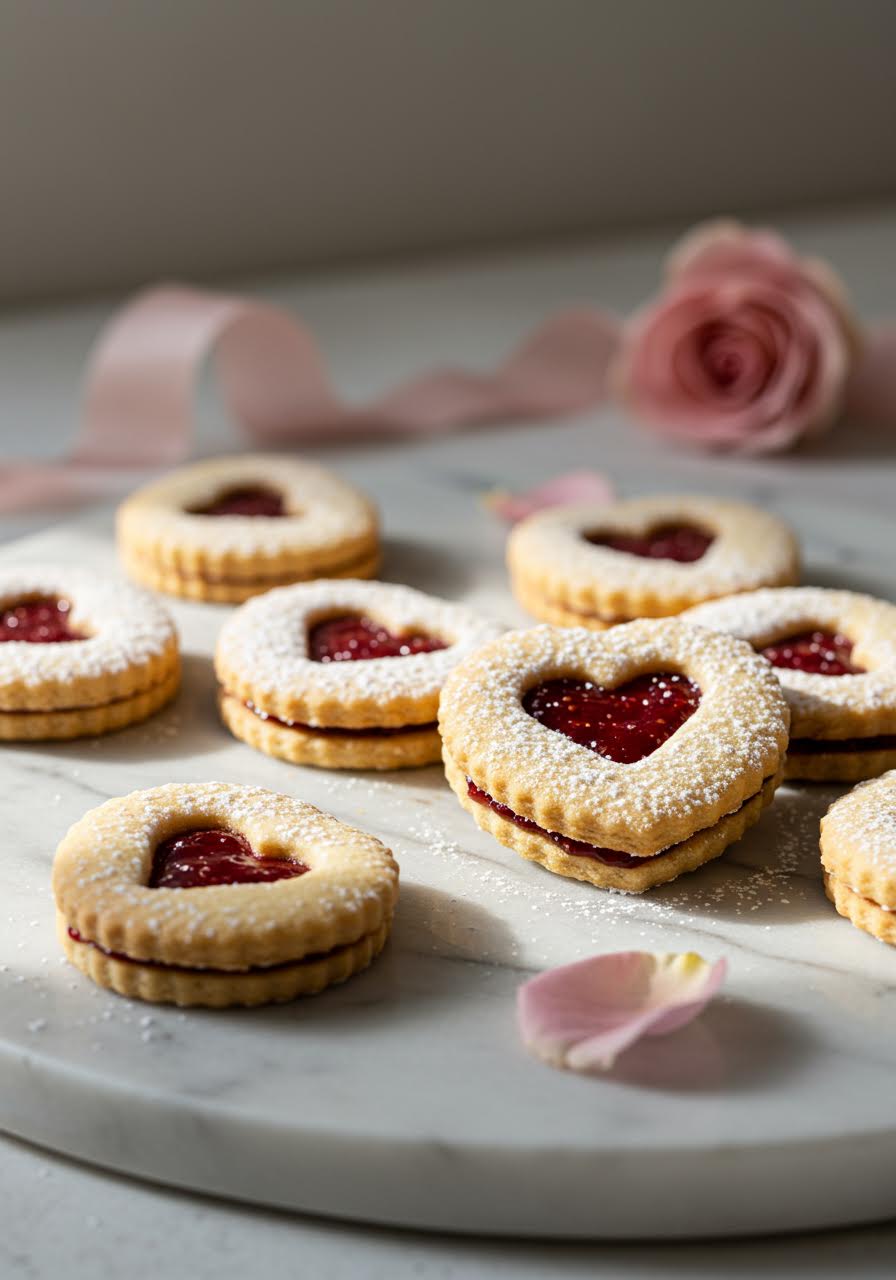 Heart-shaped linzer cookies with raspberry jam centres in macro photographic detail