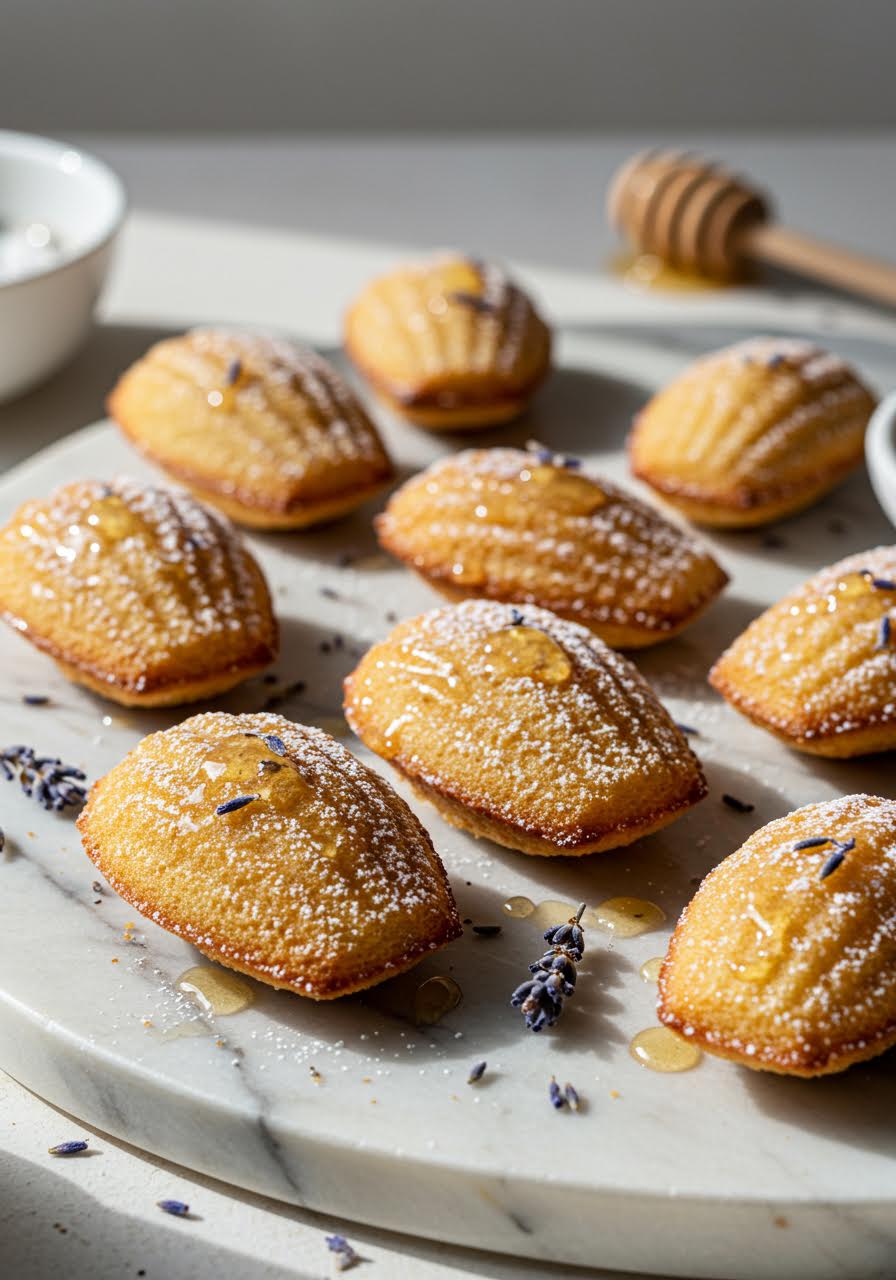 Delicate lavender and honey madeleines with distinctive shell pattern
