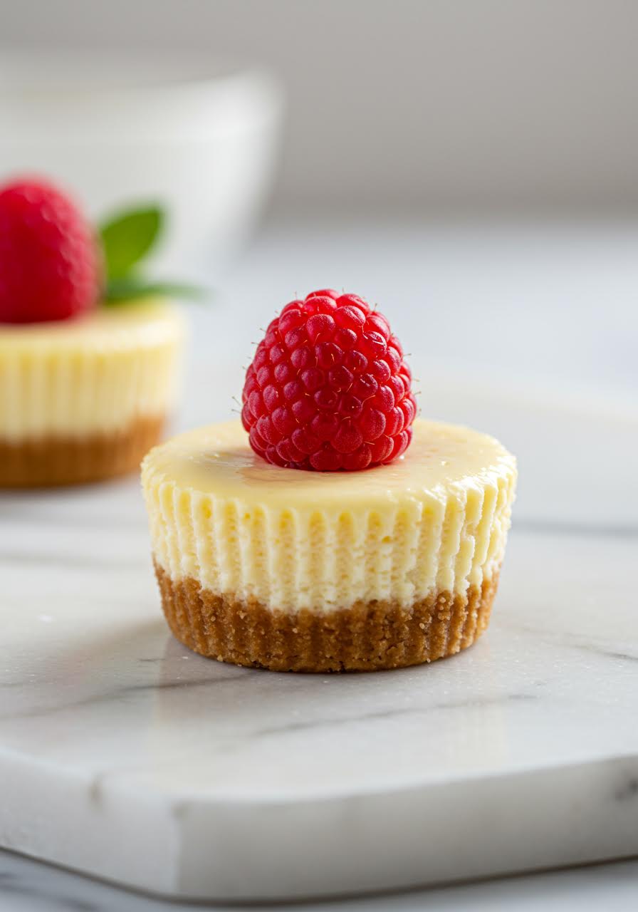 Individual mini cheesecakes topped with fresh raspberries on white marble surface