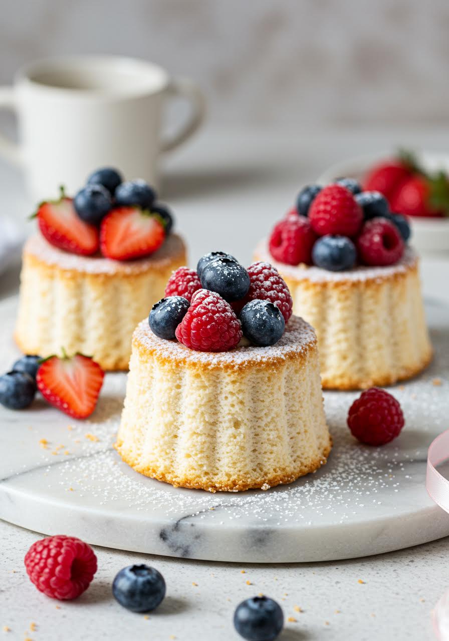 Miniature angel food cakes topped with fresh berries in elegant presentation
