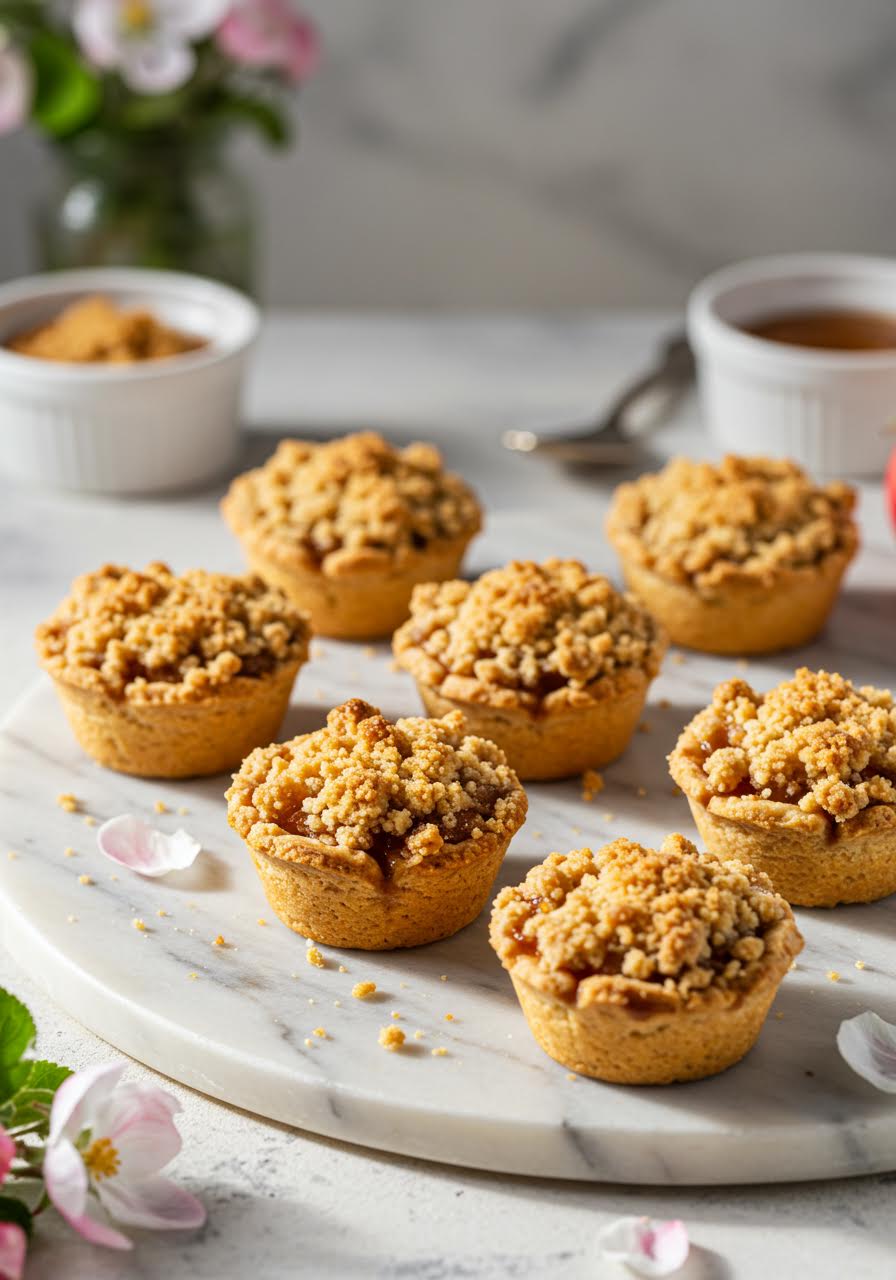 Miniature apple crumble pies in individual tins during golden hour lighting