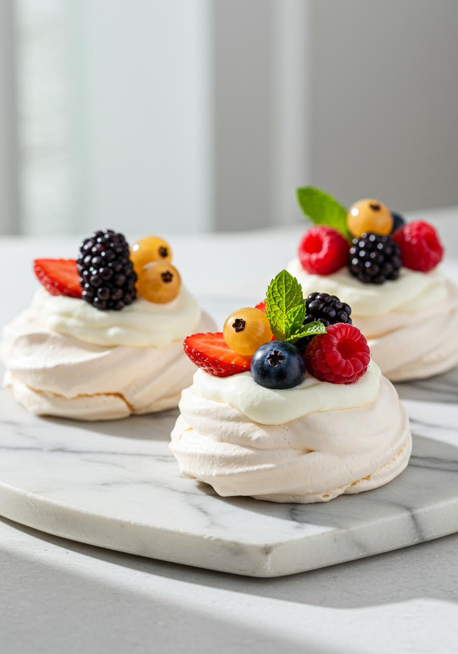 Miniature pavlovas topped with fresh berries and cream on marble background