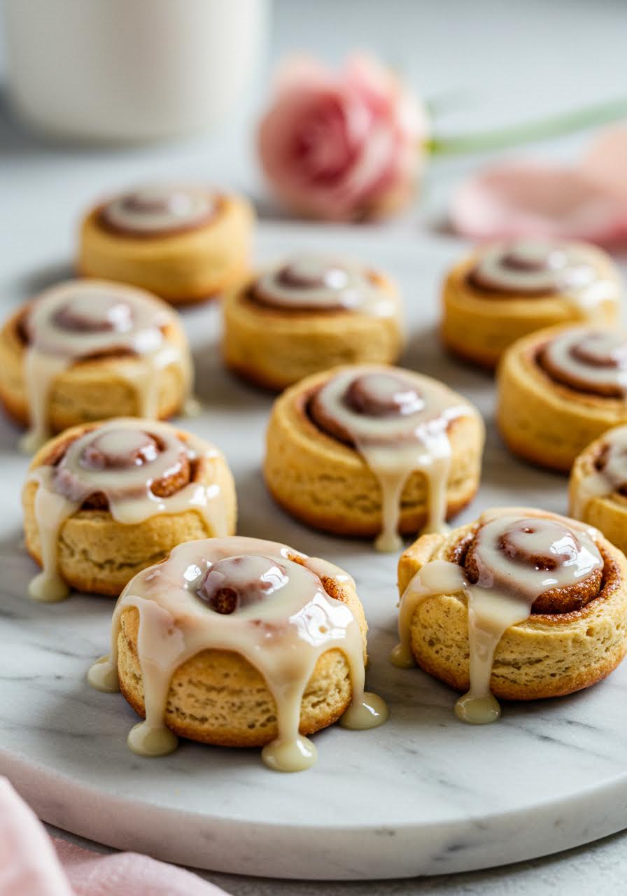 Miniature cinnamon rolls with cream cheese glaze in detailed macro photography