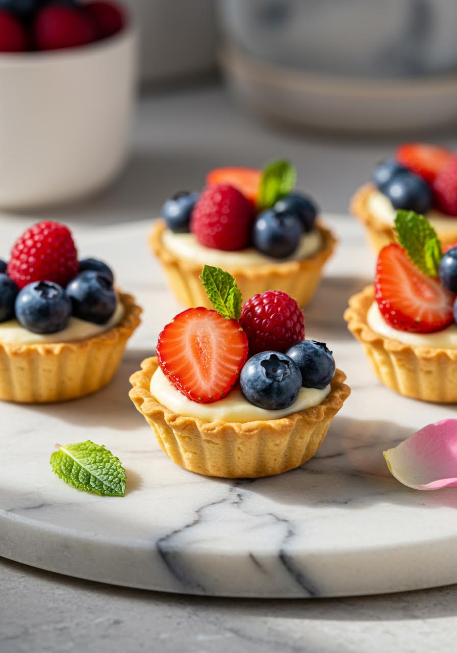 Miniature fruit tarts topped with fresh berries and pastry cream
