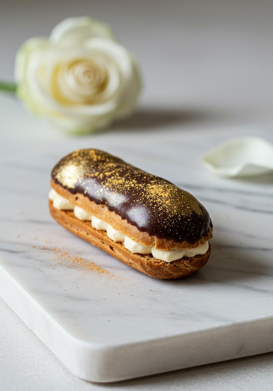 Elegant miniature chocolate eclairs dusted with edible gold on marble background