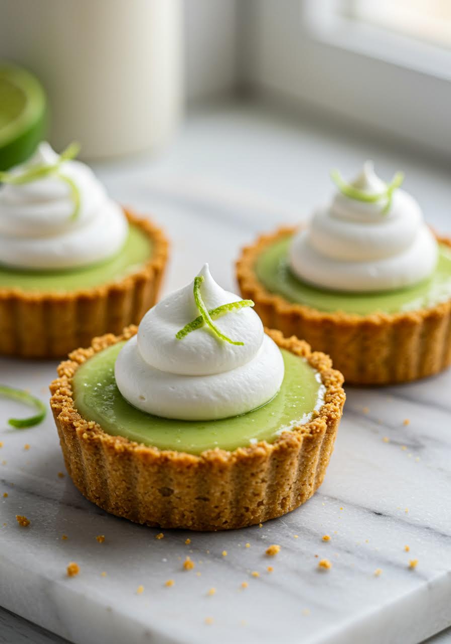 Miniature key lime pies with graham cracker crusts and lime garnish