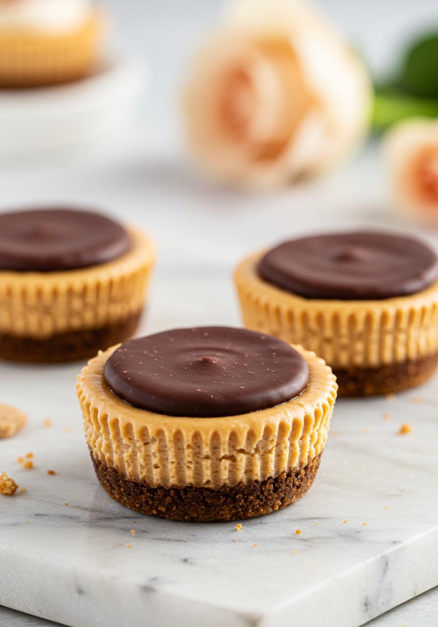Miniature peanut butter cup cheesecakes on marble slab with elegant presentation