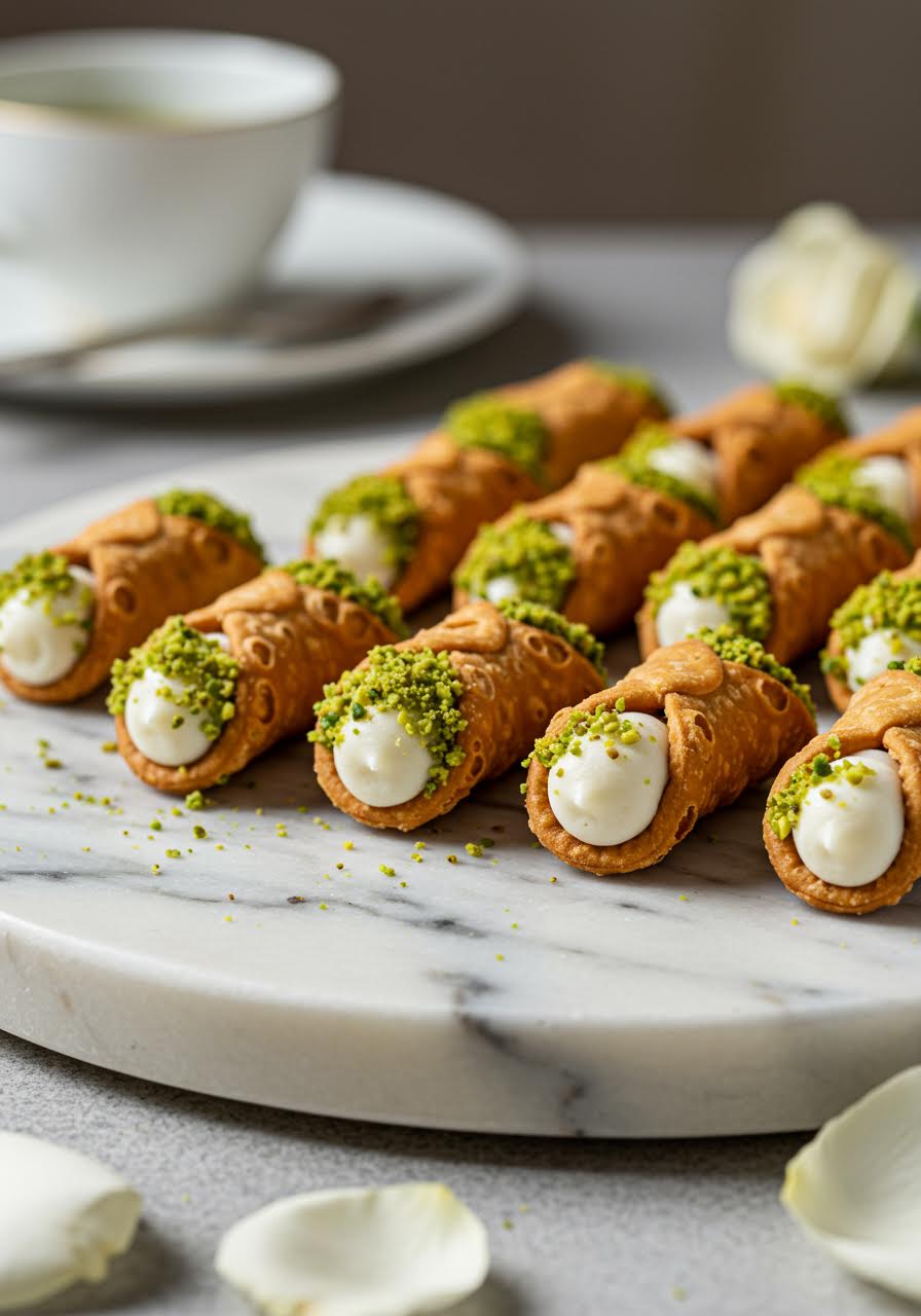 Miniature cannoli shells filled with ricotta cream and dusted with pistachios on marble