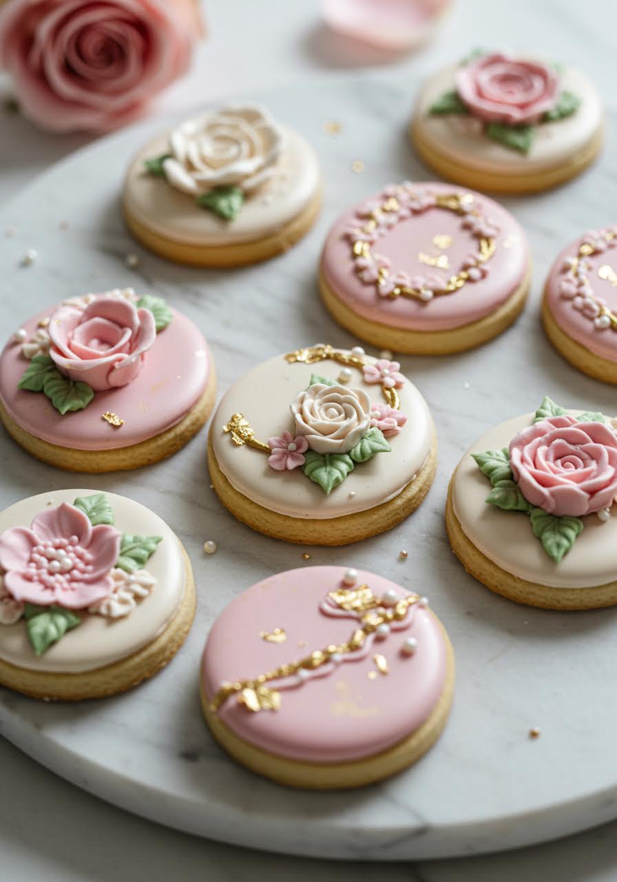 Intricately decorated miniature sugar cookies arranged on marble surface