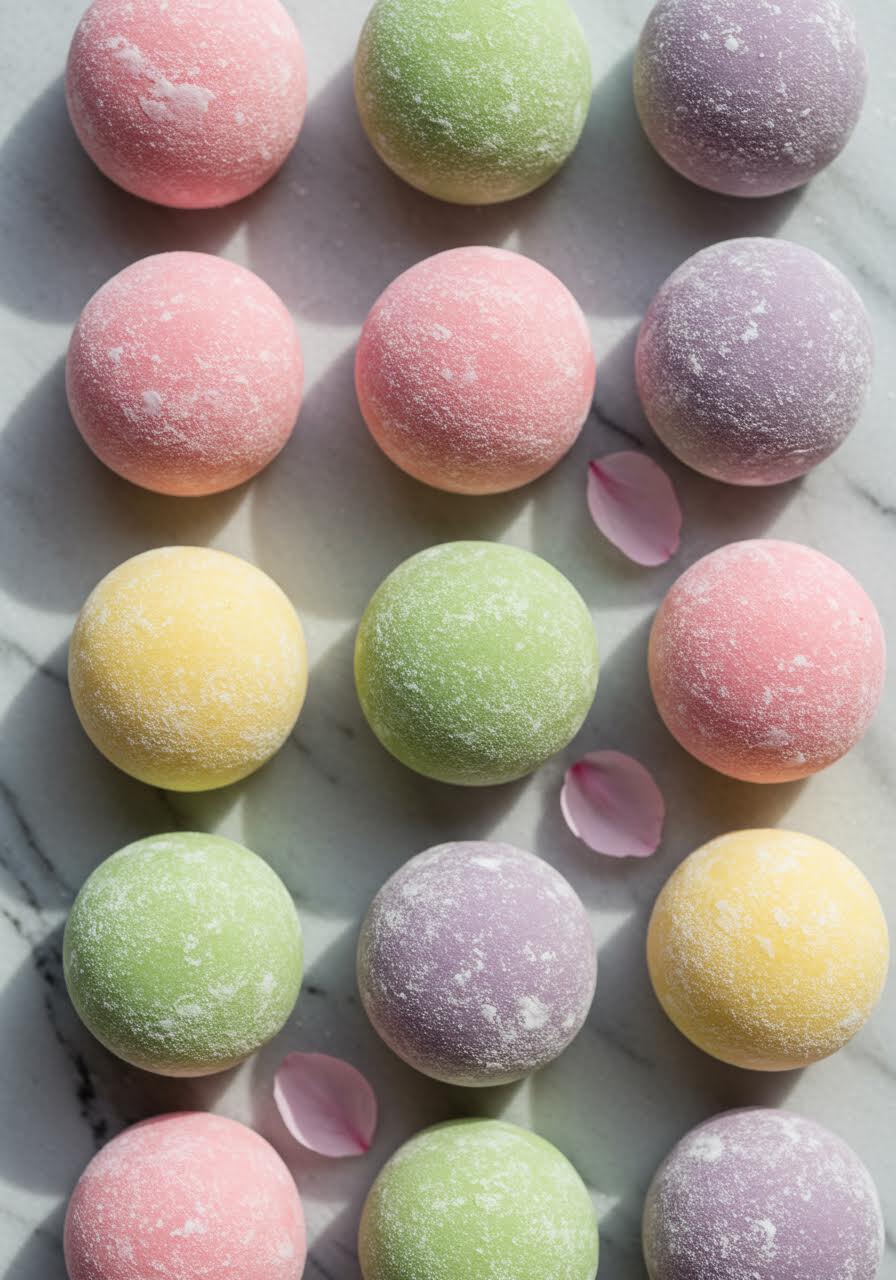 Pastel-coloured mochi ice cream bites arranged on marble slab