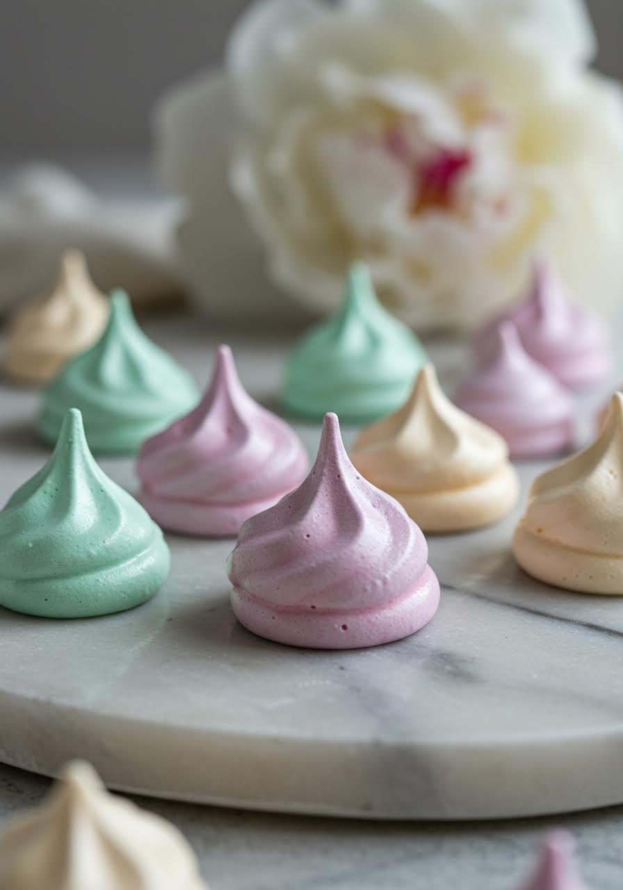 Pastel swirled meringue kisses arranged on marble tray in macro kitchen photography