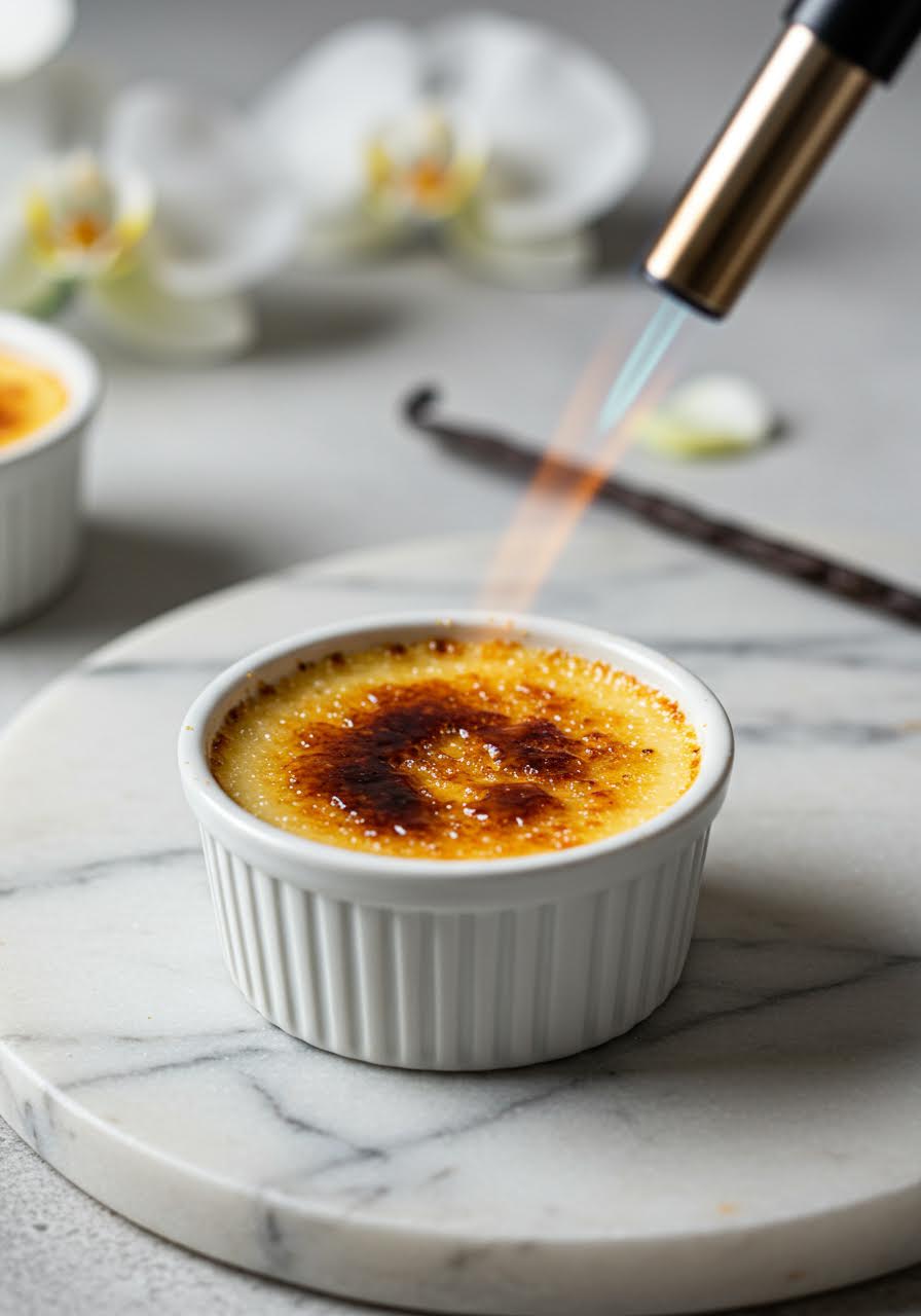 Perfectly torched miniature crème brûlée with golden caramelised sugar crust