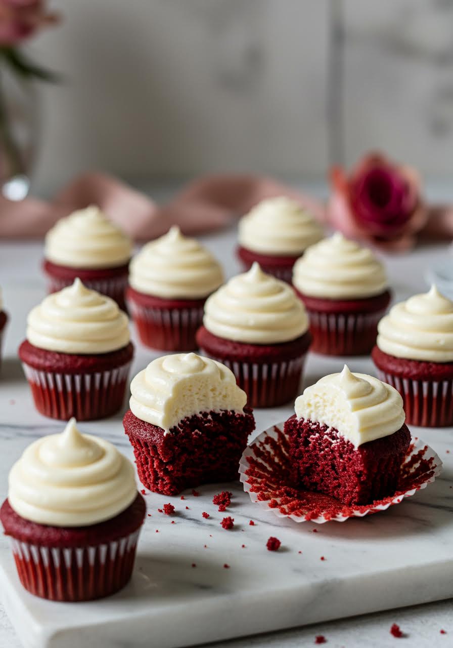 Miniature red velvet cupcakes with cream cheese frosting in macro photography