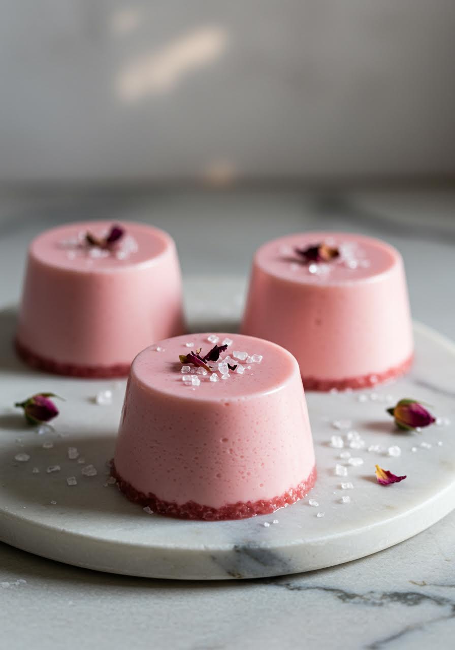 Delicate rosewater panna cotta in small glass cups with rose petal garnish