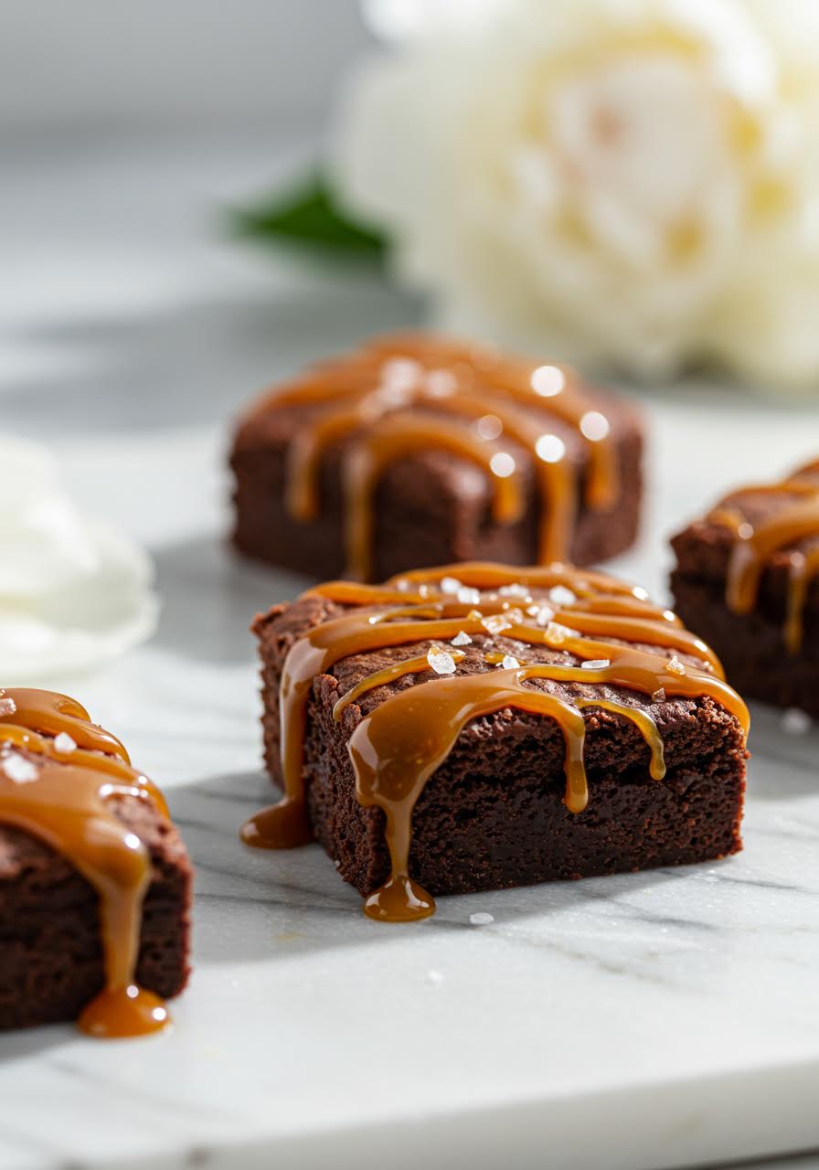 Rich salted caramel brownie bites on marble surface with macro detail